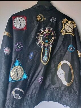 100% Silk VTG JA Resort "Embroidered Time" Clock Bomber Jacket Sz M 80s 90s Chic